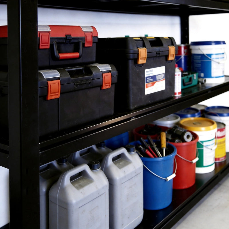 Industrial Metal Shelving Supports Tools, Equipment and Storage Bins
