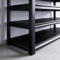 Close-up view of heavy duty metal shelving with reinforced steel posts, durable shelf panels, and stable industrial rack construction for long-lasting storage.