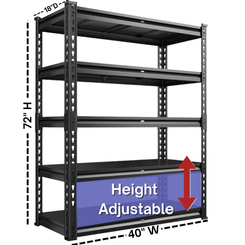 This 40"W x18"D x 72"H metal shelving unit is ideal for garage organization, basement storage, pantry organization, and workshop storage.