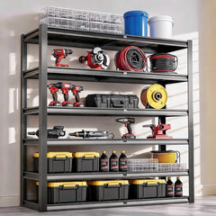 High weight capacity metal storage shelves provide reliable storage space for heavy items, tool boxes, containers, and household supplies.