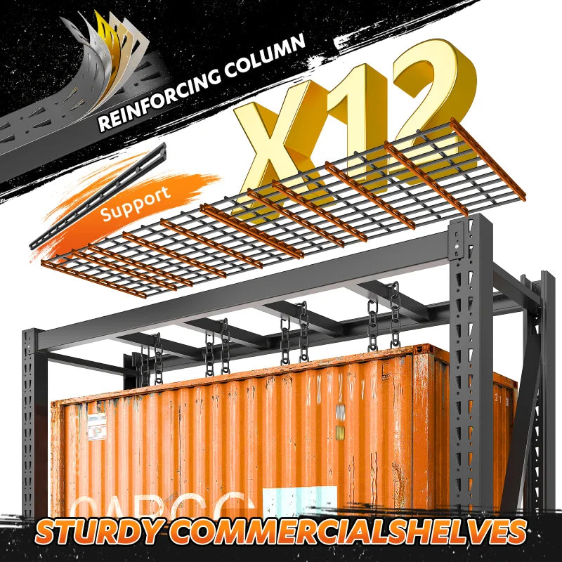 STURDY COMMERCIAL SHELVES.The steel mesh of these rugged commercial shelves features 12 reinforced crossbars, significantly enhancing load-bearing capacity and stability.