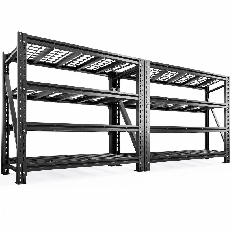 2-Pack industrial shelving units feature adjustable shelf heights and durable metal frames for flexible storage organization.