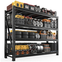 Heavy duty garage shelving unit with 4-tier adjustable metal storage shelves, designed for garage, warehouse, workshop, and basement organization.