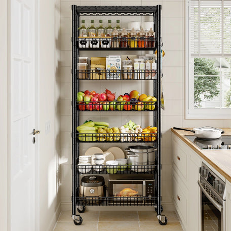 REIBII 7-Tier Rolling Wire Shelving Unit, 600LBS Adjustable Storage Rack with Deep Basket, Locking Wheels and Side Hooks, Tool-Free Assembly for Kitchen Pantry Closet
