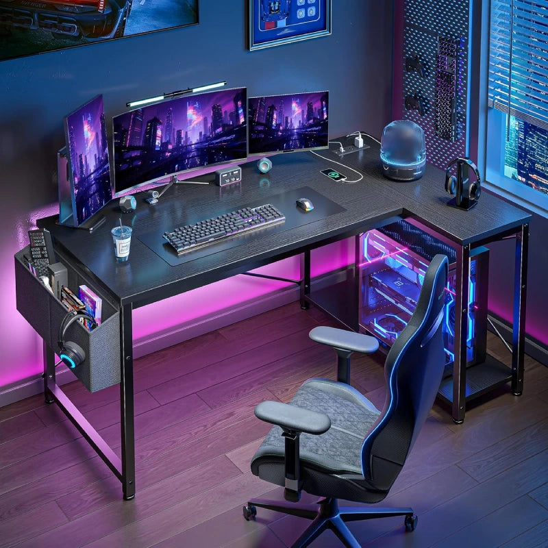 Computer Desk L Shaped Gaming Desk with Storage Shelves & Power Outlets, Home Office Desk for Writing Bedroom Dorm