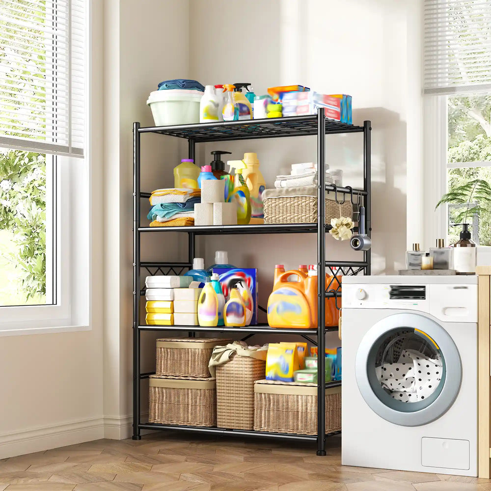 Keep detergents, cleaning supplies, towels, and household essentials organized with laundry room storage shelves.