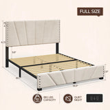 881LBS Metal Bed Frame, Velvet Headboard with Storage, Charging Station & LED Lights