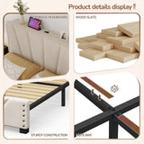 881LBS Metal Bed Frame, Velvet Headboard with Storage, Charging Station & LED Lights