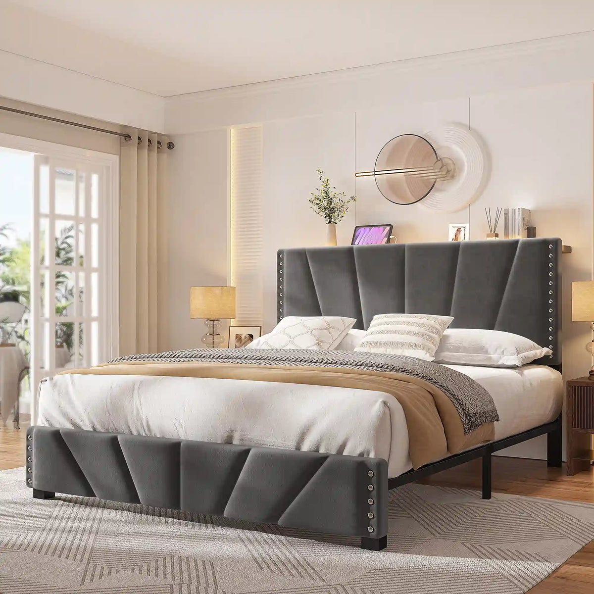 881LBS Metal Bed Frame, Velvet Headboard with Storage, Charging Station & LED Lights