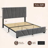 881LBS Metal Bed Frame, Velvet Headboard with Storage, Charging Station & LED Lights