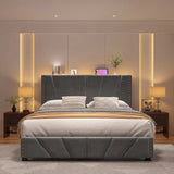 881LBS Metal Bed Frame, Velvet Headboard with Storage, Charging Station & LED Lights
