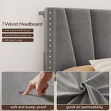 881LBS Metal Bed Frame, Velvet Headboard with Storage, Charging Station & LED Lights