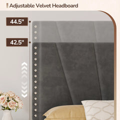 Reibii Upholstered Bed Frame with Storage Headboard, Charging Station & LED Lights, 881LBS Velvet Platform Bed, Noise-Free, Easy Assembly