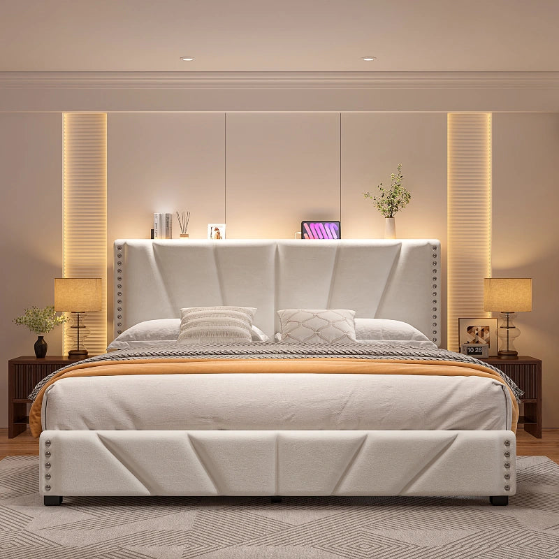 Reibii Upholstered Bed Frame with Storage Headboard, Charging Station & LED Lights, 881LBS Velvet Platform Bed, Noise-Free, Easy Assembly