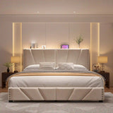 881LBS Metal Bed Frame, Velvet Headboard with Storage, Charging Station & LED Lights
