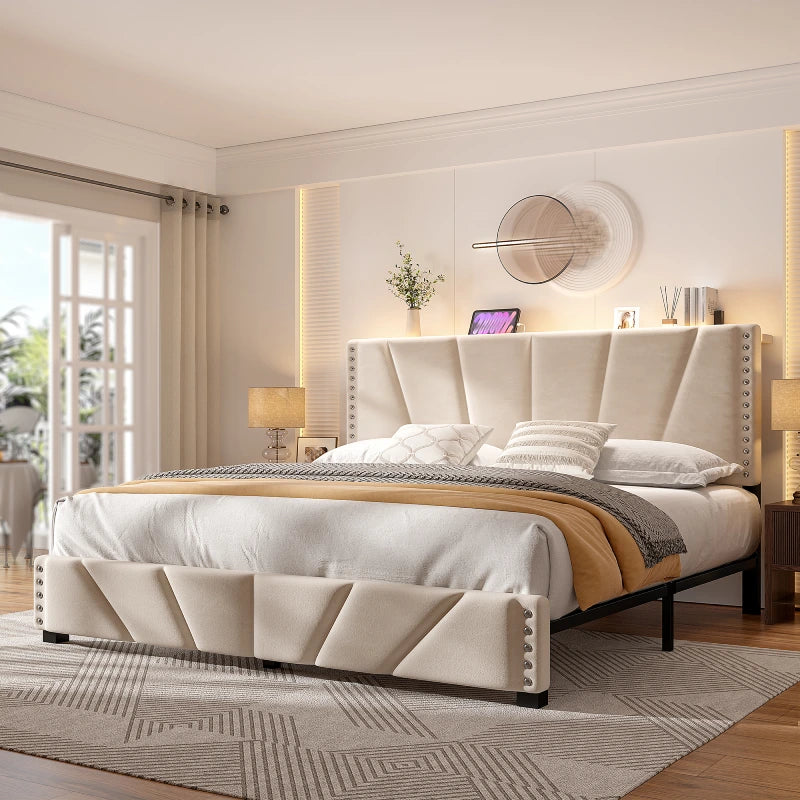 Reibii Upholstered Bed Frame with Storage Headboard, Charging Station & LED Lights, 881LBS Velvet Platform Bed, Noise-Free, Easy Assembly