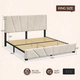881LBS Metal Bed Frame, Velvet Headboard with Storage, Charging Station & LED Lights