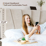 881LBS Metal Bed Frame, Velvet Headboard with Storage, Charging Station & LED Lights