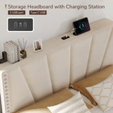 881LBS Metal Bed Frame, Velvet Headboard with Storage, Charging Station & LED Lights