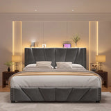 881LBS Metal Bed Frame, Velvet Headboard with Storage, Charging Station & LED Lights