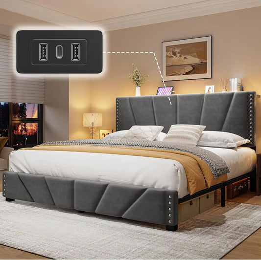 881LBS Metal Bed Frame, Velvet Headboard with Storage, Charging Station & LED Lights 1500