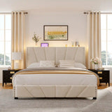 881LBS Metal Bed Frame, Velvet Headboard with Storage, Charging Station & LED Lights