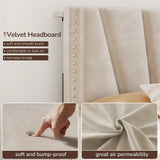 881LBS Metal Bed Frame, Velvet Headboard with Storage, Charging Station & LED Lights