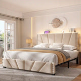 881LBS Metal Bed Frame, Velvet Headboard with Storage, Charging Station & LED Lights