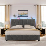 881LBS Metal Bed Frame, Velvet Headboard with Storage, Charging Station & LED Lights