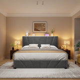 881LBS Metal Bed Frame, Velvet Headboard with Storage, Charging Station & LED Lights