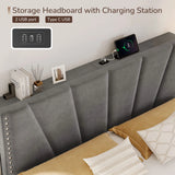 881LBS Metal Bed Frame, Velvet Headboard with Storage, Charging Station & LED Lights