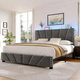 881LBS Metal Bed Frame, Velvet Headboard with Storage, Charging Station & LED Lights