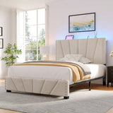 881LBS Metal Bed Frame, Velvet Headboard with Storage, Charging Station & LED Lights