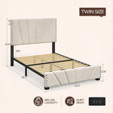 881LBS Metal Bed Frame, Velvet Headboard with Storage, Charging Station & LED Lights