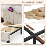 881LBS Metal Bed Frame, Velvet Headboard with Storage, Charging Station & LED Lights