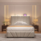 881LBS Metal Bed Frame, Velvet Headboard with Storage, Charging Station & LED Lights