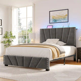 881LBS Metal Bed Frame, Velvet Headboard with Storage, Charging Station & LED Lights