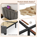 881LBS Metal Bed Frame, Velvet Headboard with Storage, Charging Station & LED Lights