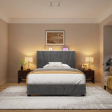 881LBS Metal Bed Frame, Velvet Headboard with Storage, Charging Station & LED Lights