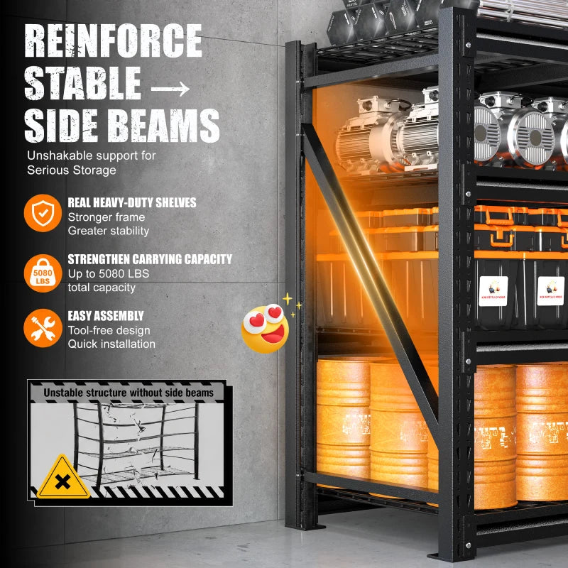 Additional Side Cross-Member Reinforcement Brace,Heavy duty metal storage shelves feature reinforced construction for reliable and flexible garage organization.