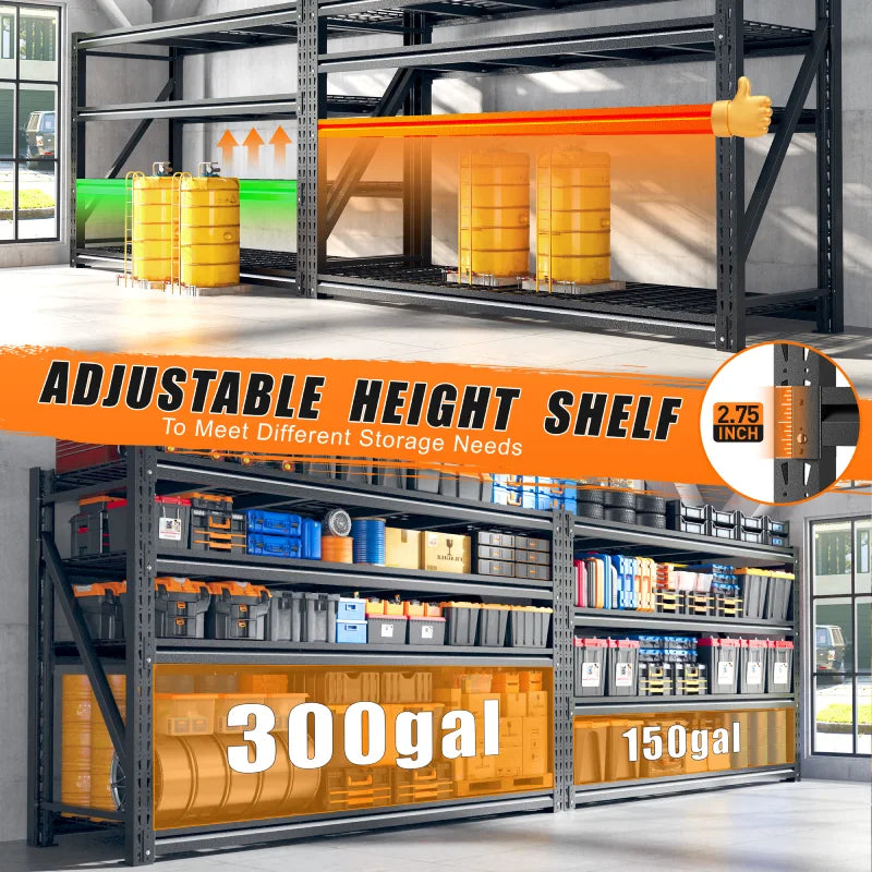 Adjustable industrial shelving unit provides versatile storage options for bins, tools, supplies, and equipment.