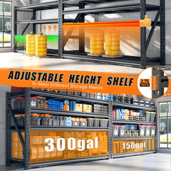 Adjustable industrial shelving unit provides versatile storage options for bins, tools, supplies, and equipment.