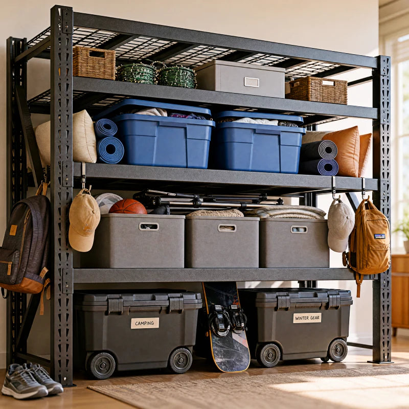 Multi-purpose adjustable workshop garage shelving system keeps tools, bins, and equipment organized and accessible.