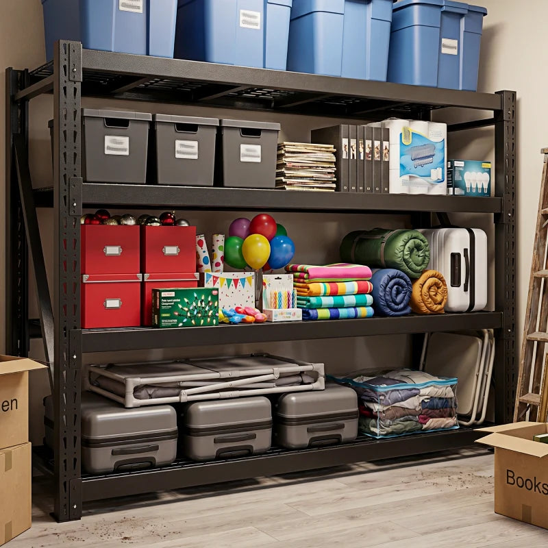 Heavy duty adjustable basement shelving system creates durable storage space for tools, boxes, and everyday essentials.