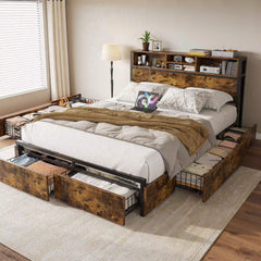 Metal Bed Frame with 6 Storage Drawers & Charging Station, Full/Queen