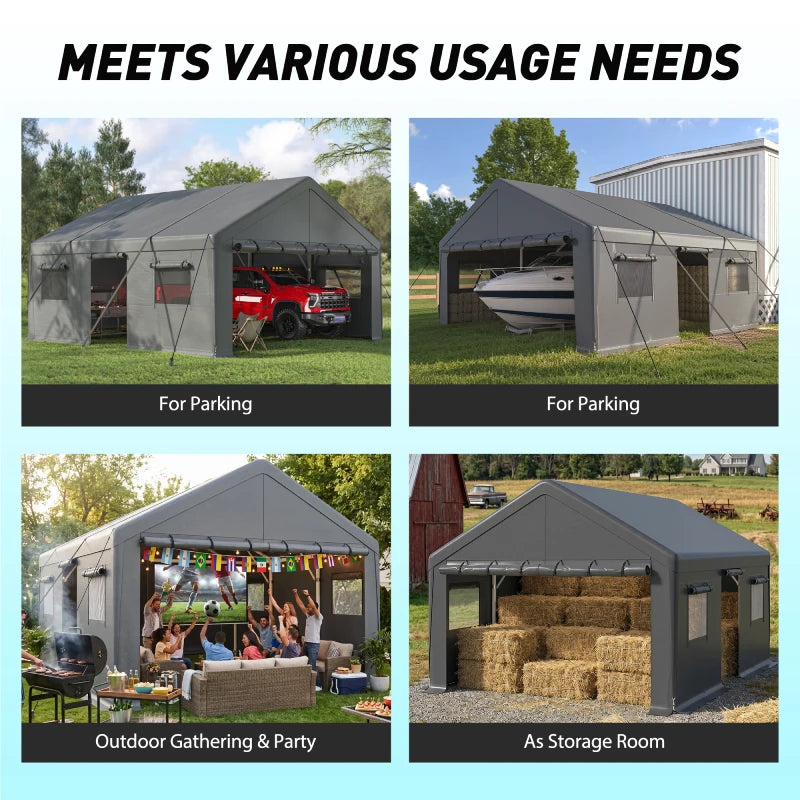 REIBII 20x20 Metal Carport, Portable Garage Carport with Steel Frame for Sale, UV50+ Waterproof Canopy, 4 Windows, 3 Roll-up Doors ＆ Removable Sides for Outdoor Storage, Backyard Party and Events