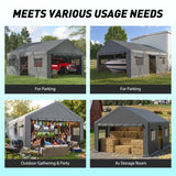 REIBII 20x20 Metal Carport, Portable Garage Carport with Steel Frame for Sale, UV50+ Waterproof Canopy, 4 Windows, 3 Roll-up Doors ＆ Removable Sides for Outdoor Storage, Backyard Party and Events