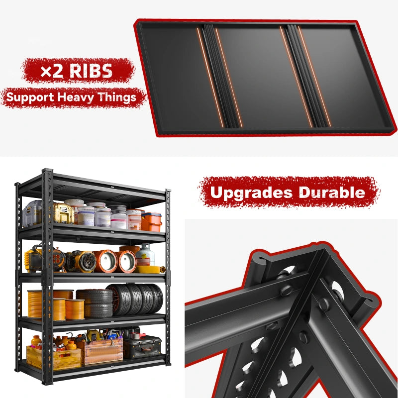 Reinforced metal construction helps keep the garage shelving rack steady when loaded with tools, storage bins, boxes, and bulky equipment.