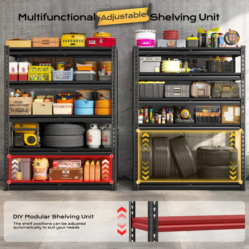 Adjustable height shelving unit allows flexible shelf placement to store different size bins, tools, and household items.