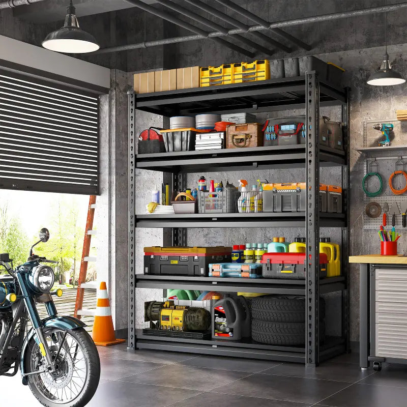 Garage storage shelves help organize tools, storage bins, sports equipment, and household supplies for a cleaner space.